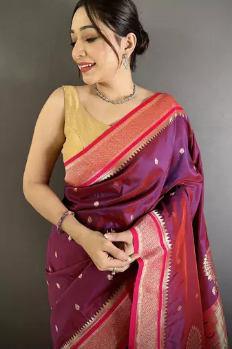 wine lichi silk blend peacock & floral motifs zari weaving paithani saree