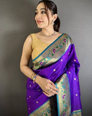 purple lichi silk blend ikkat floral motifs zari woven paithani saree 4