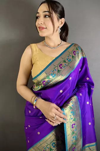 purple lichi silk blend ikkat floral motifs zari woven paithani saree
