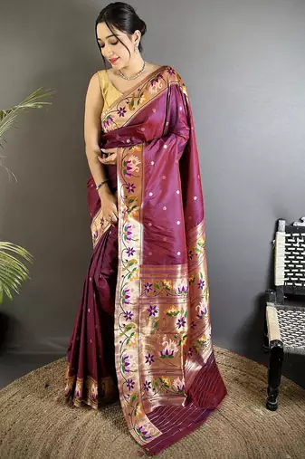 maroon lichi silk blend floral & meena weaving zari worked paithani saree