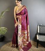 maroon lichi silk blend floral & meena weaving zari worked paithani saree