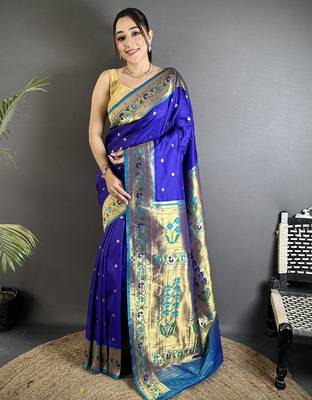 blue lichi silk blend ikkat floral motifs zari woven paithani saree 1