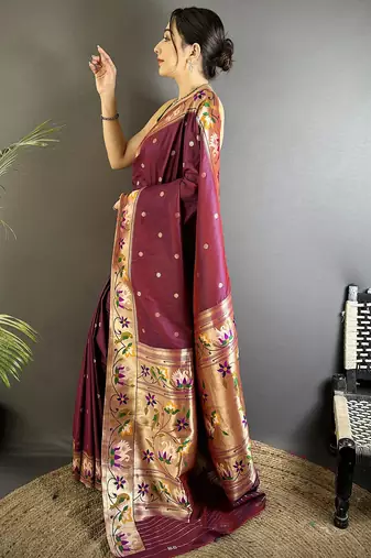 maroon lichi silk blend floral & meena weaving zari worked paithani saree
