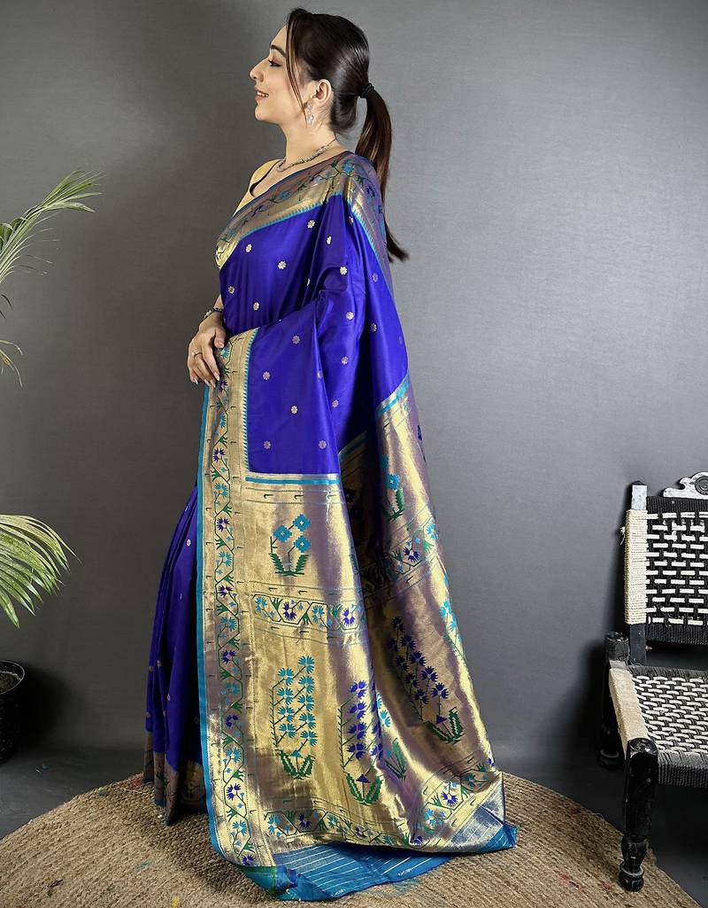 blue lichi silk blend ikkat floral motifs zari woven paithani saree
