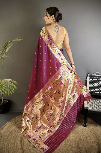 maroon lichi silk blend floral & meena weaving zari worked paithani saree