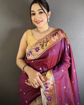 maroon lichi silk blend floral & meena weaving zari worked paithani saree 4