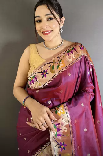 maroon lichi silk blend floral & meena weaving zari worked paithani saree