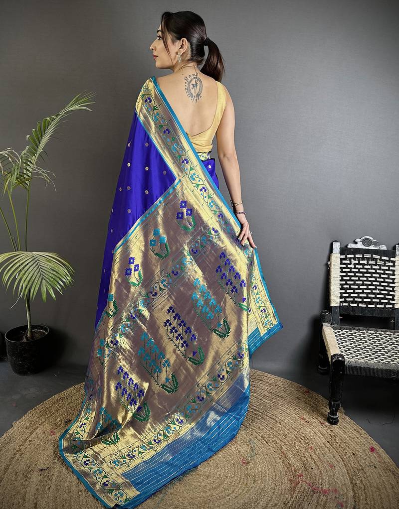 blue lichi silk blend ikkat floral motifs zari woven paithani saree
