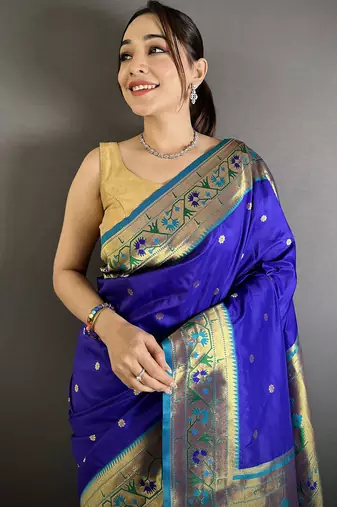 blue lichi silk blend ikkat floral motifs zari woven paithani saree