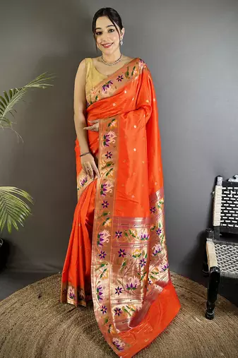 orange lichi silk blend floral & meena weaving zari worked paithani saree