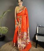 orange lichi silk blend floral & meena weaving zari worked paithani saree