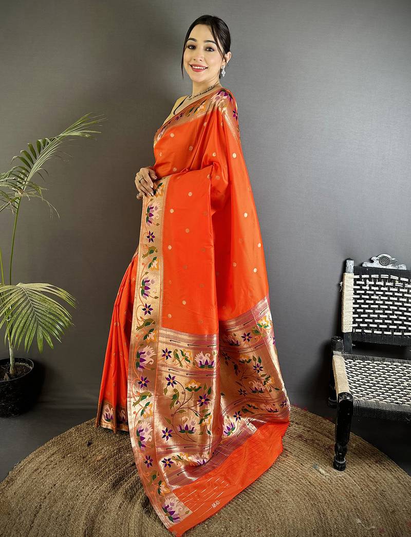 orange lichi silk blend floral & meena weaving zari worked paithani saree