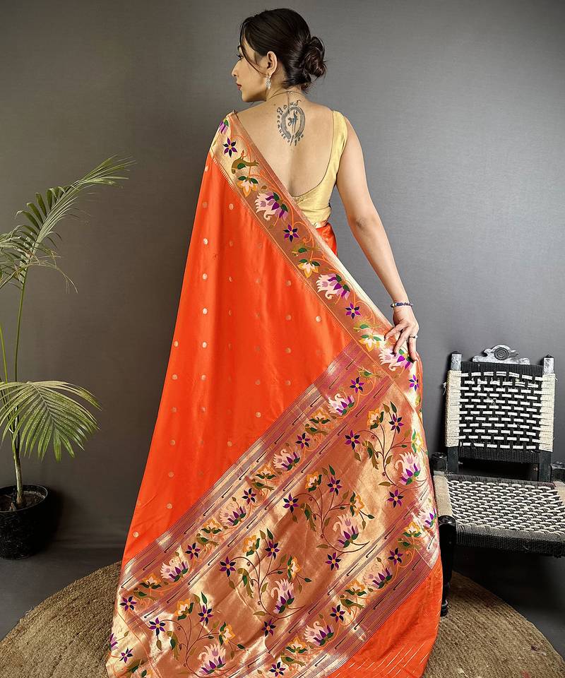 orange lichi silk blend floral & meena weaving zari worked paithani saree