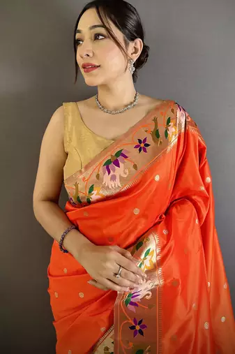 orange lichi silk blend floral & meena weaving zari worked paithani saree