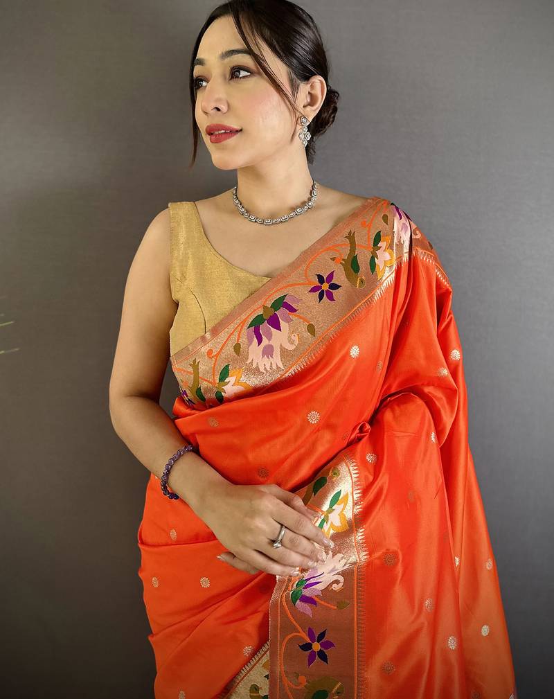 orange lichi silk blend floral & meena weaving zari worked paithani saree