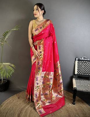 rani pink lichi silk blend floral & meena weaving zari worked paithani saree 1