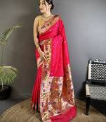 rani pink lichi silk blend floral & meena weaving zari worked paithani saree