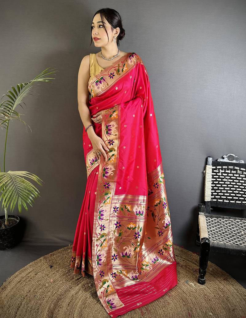 rani pink lichi silk blend floral & meena weaving zari worked paithani saree