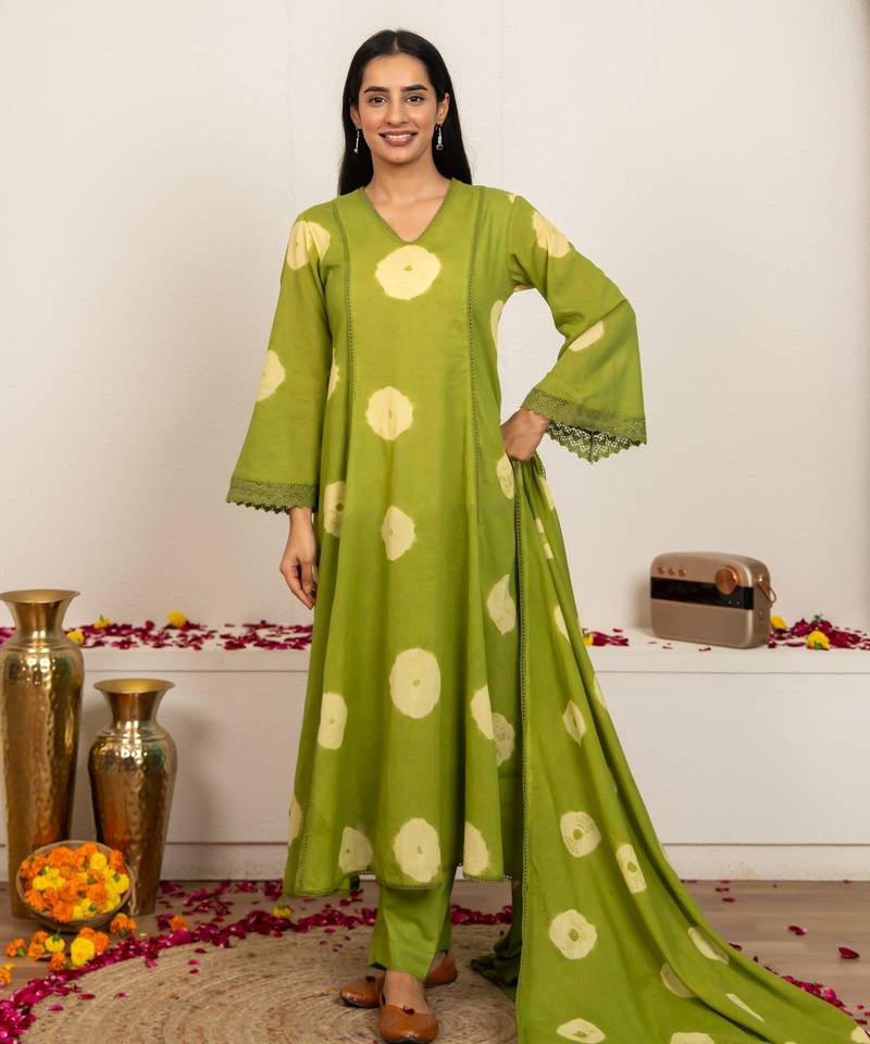 Green tie & dye cotton suit set of 3