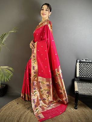 rani pink lichi silk blend floral & meena weaving zari worked paithani saree 2