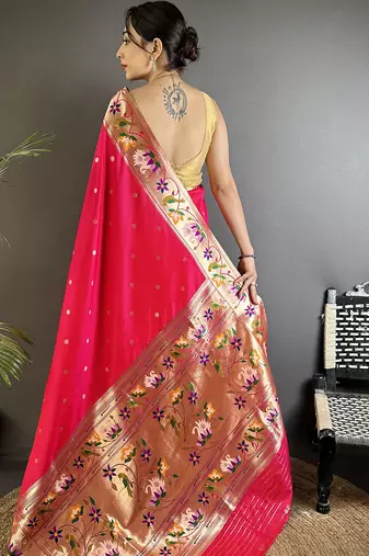 rani pink lichi silk blend floral & meena weaving zari worked paithani saree