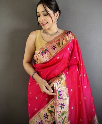 rani pink lichi silk blend floral & meena weaving zari worked paithani saree 4