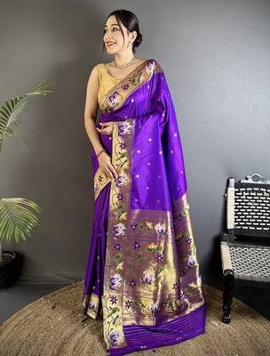 purple lichi silk blend floral & meena weaving zari worked paithani saree 1