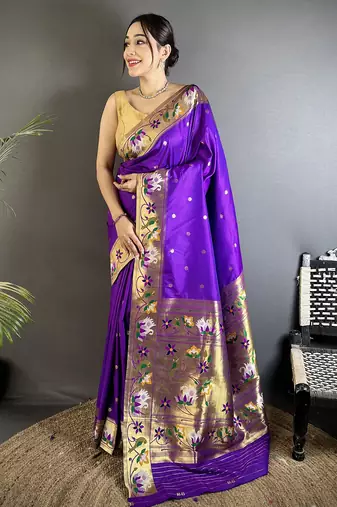 purple lichi silk blend floral & meena weaving zari worked paithani saree