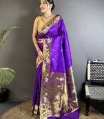 purple lichi silk blend floral & meena weaving zari worked paithani saree