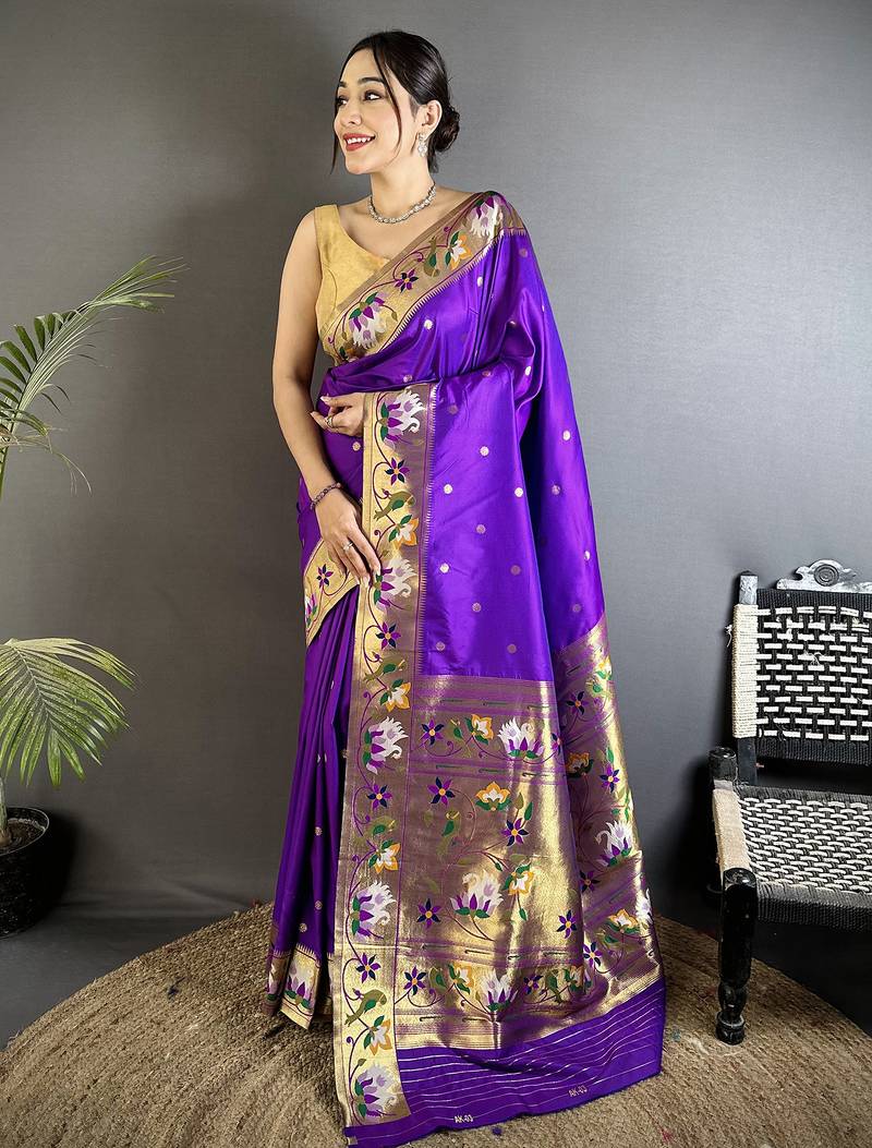 purple lichi silk blend floral & meena weaving zari worked paithani saree