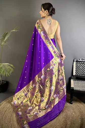 purple lichi silk blend floral & meena weaving zari worked paithani saree