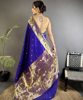 royal blue lichi silk blend floral & meena weaving zari worked paithani saree 3