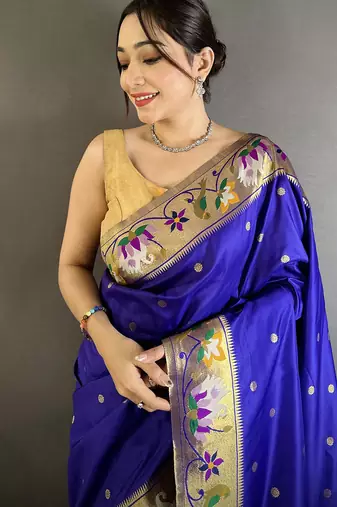 royal blue lichi silk blend floral & meena weaving zari worked paithani saree