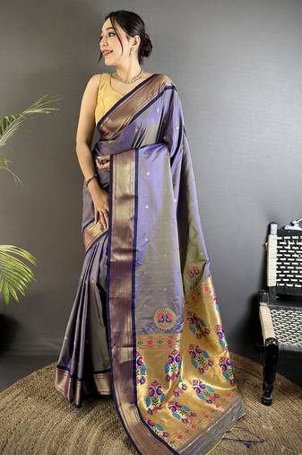 lavender lichi silk blend peacock ethnic motifs zari woven paithani saree