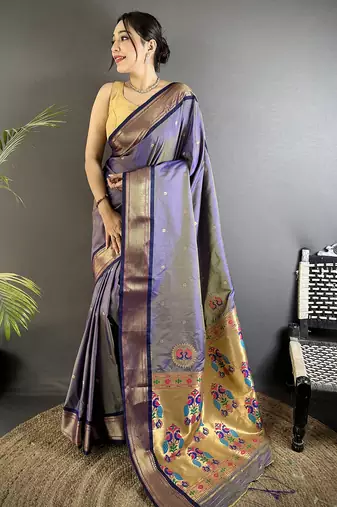 lavender lichi silk blend peacock ethnic motifs zari woven paithani saree