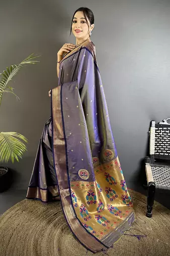 lavender lichi silk blend peacock ethnic motifs zari woven paithani saree
