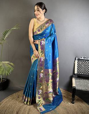 teal blue lichi silk blend floral & meena weaving zari worked paithani saree 1