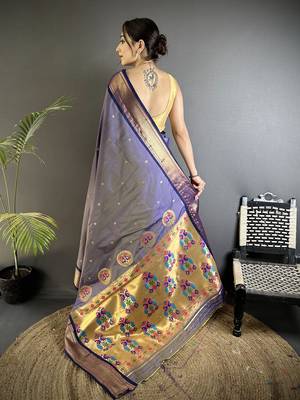 lavender lichi silk blend peacock ethnic motifs zari woven paithani saree 3