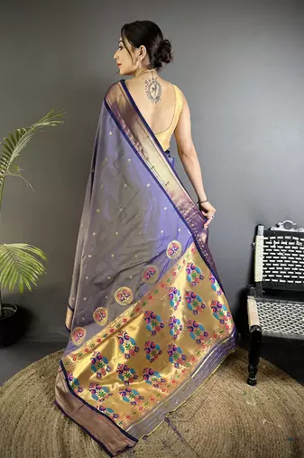 lavender lichi silk blend peacock ethnic motifs zari woven paithani saree