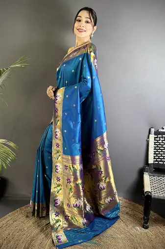 teal blue lichi silk blend floral & meena weaving zari worked paithani saree