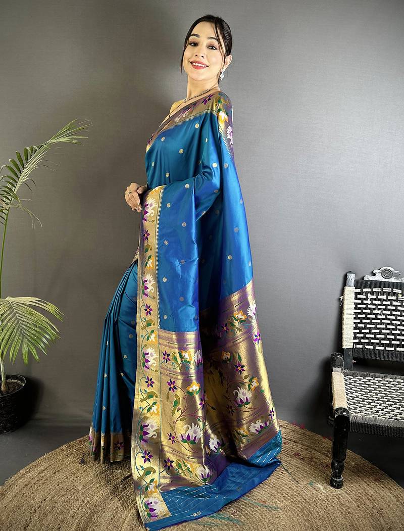 teal blue lichi silk blend floral & meena weaving zari worked paithani saree
