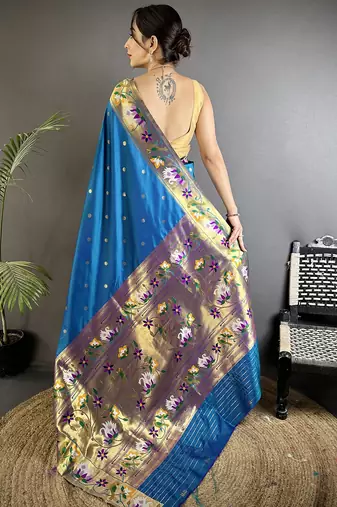 teal blue lichi silk blend floral & meena weaving zari worked paithani saree