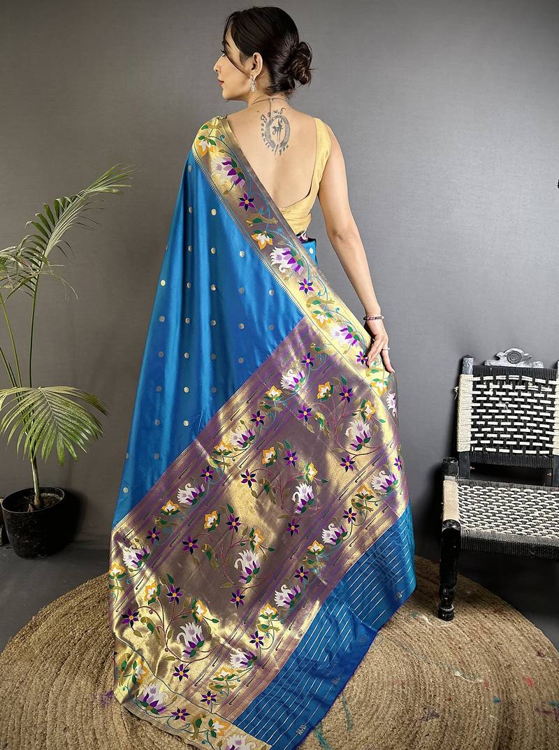 teal blue lichi silk blend floral & meena weaving zari worked paithani saree