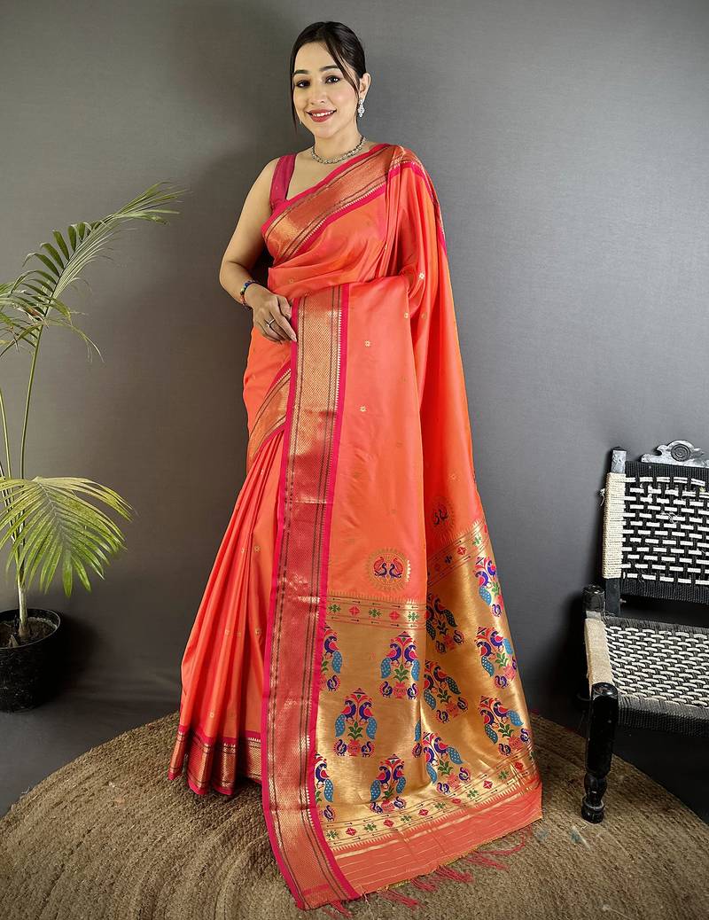 orange lichi silk blend peacock ethnic motifs zari woven paithani saree
