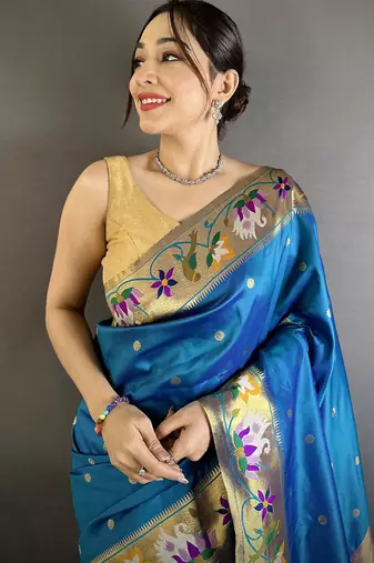 teal blue lichi silk blend floral & meena weaving zari worked paithani saree