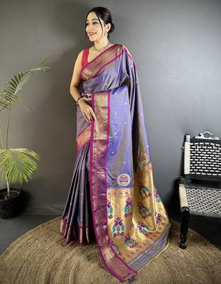purple lichi silk blend peacock ethnic motifs zari woven paithani saree 1