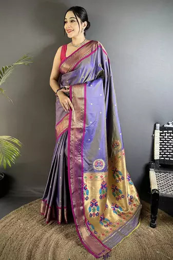 purple lichi silk blend peacock ethnic motifs zari woven paithani saree