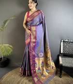 purple lichi silk blend peacock ethnic motifs zari woven paithani saree