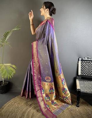 purple lichi silk blend peacock ethnic motifs zari woven paithani saree 2