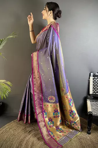 purple lichi silk blend peacock ethnic motifs zari woven paithani saree
